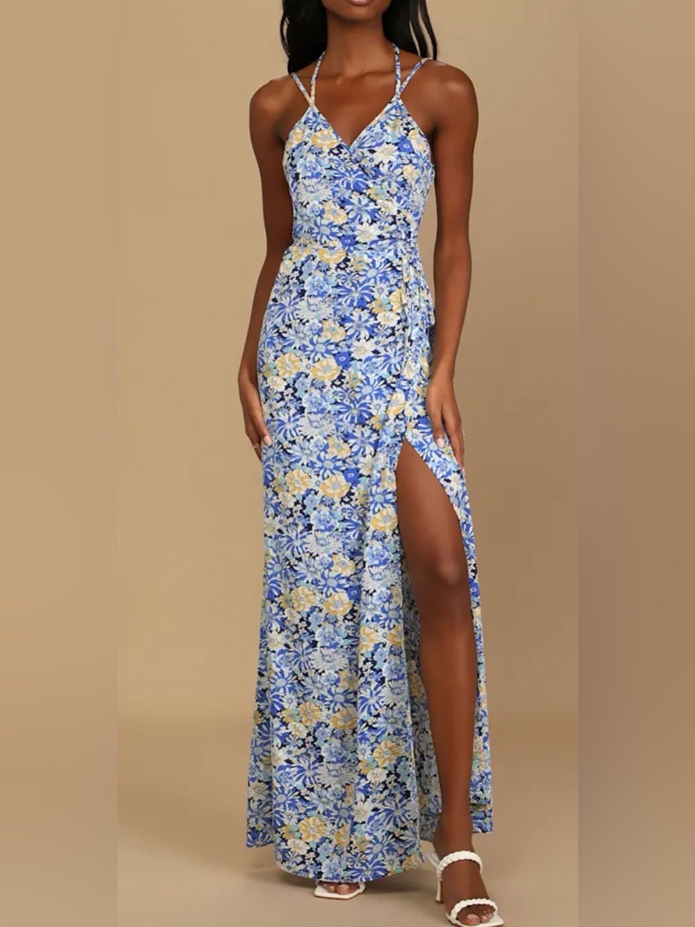Lulus Here to be Happy blue floral maxi dress, small